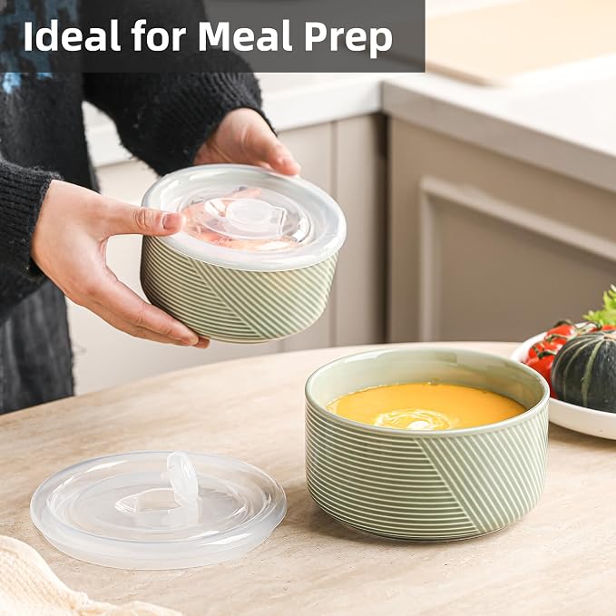 Ceramic Nesting Bowls with Lid, Microwave Safe, Set of 2, Green | Food Storage Containers for Work Lunch Picnic Camping Meal Prep Soup Salad Cereal Leftovers - 5 & 6 Inch, 20 & 32 oz - Image 7