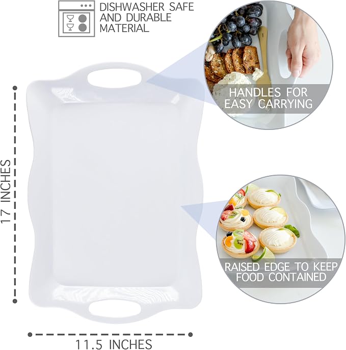 Large Melamine Tray, 17" x 11.5" - White Serving Tray with Handles - Dishwasher Safe - Rectangular Melamine Platter for Meat, Appetizers, Cookies, Grill or Party Snacks - Set of 3 - Image 3