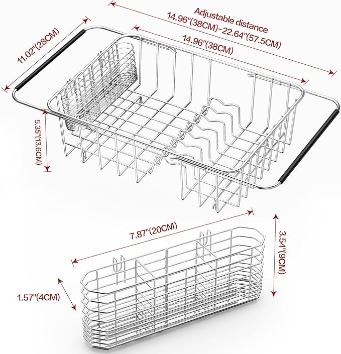 Fanbsy Large Dish Drainer Rack in Sink Adjustable, Expandable 304 Stainless Steel Metal Dish Drying Rack Organizer with Stainless Steel Utensil Holder Over Inside Sink Counter, Rustproof - Image 2