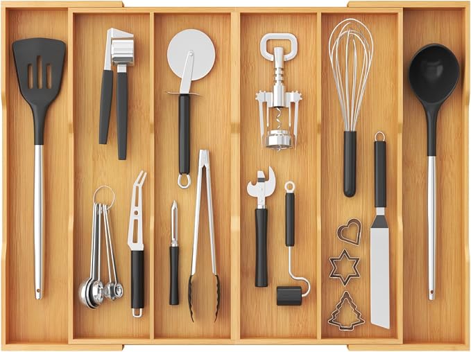 Lifewit Utensil Drawer Organizer, Expandable Kitchen Tool Tray, Wood Adjustable Flatware and Spatula Storage Divider, 17.8-28.3 x 17 x1.8 by Lifewit