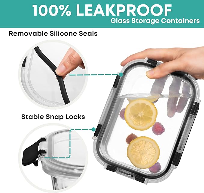 Razab 30 PC Glass Food Storage Containers with Lids - Reusable Glass Meal Prep Containers for Lunch and Leftovers - Airtight & Leakproof Snap Locking Lids - Oven, Freezer, Microwave, Dishwasher Safe - Image 6