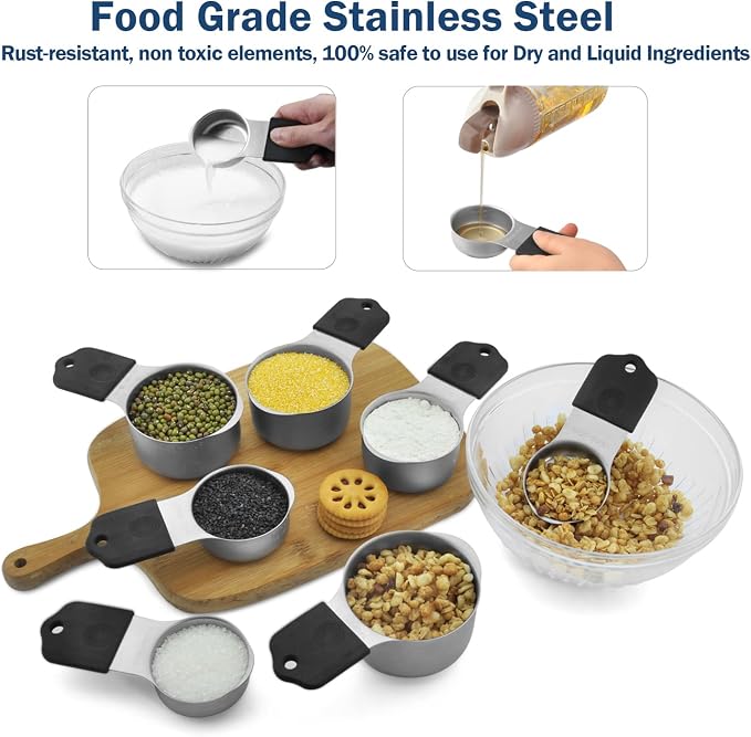 Magnetic Measuring Cups Set, 7 Pieces 18/8 Stainless Steel Stackable Nesting Heavy Duty Metal Measure Cups, Color Silicone Handle Kitchen Tools for Dry and Liquid Ingredients (14, Black) - Image 2
