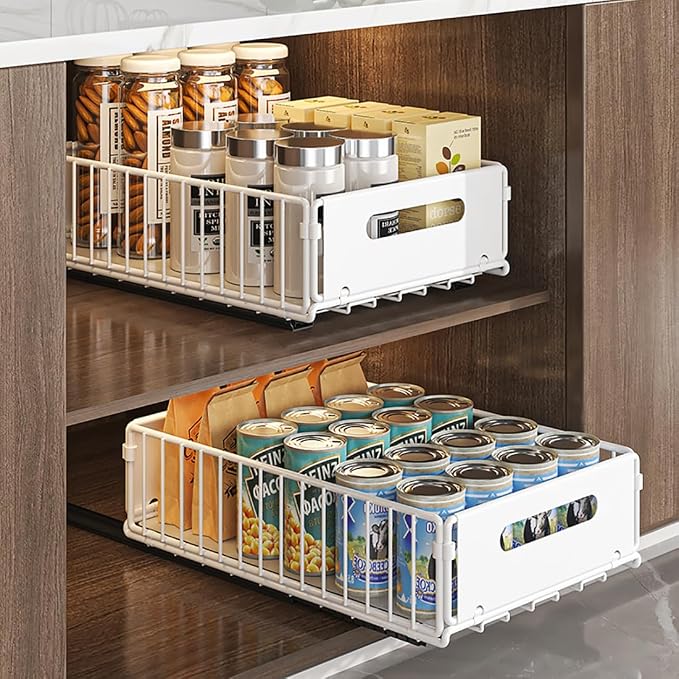 YunNasi Pull Out Cabinet Organizer, White, 4Piece 9.8" W X15 D X7.5 H | Slide Out Drawer Storage Shelves, Cupboard Organiser, Sliding Cabinet Basket for Kitchen, No Drilling and Nailing - Image 6