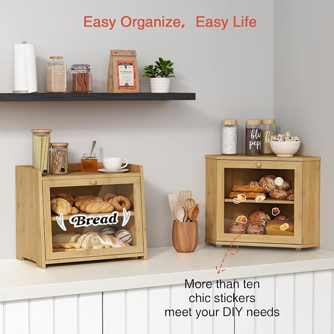 Goozii Bamboo Corner Bread Box for Kitchen Counter, 2 Tier Bread Keeper Wooden Round, Farmhouse Bread Storage Bin for Kitchen Countertop, Counter Organizer for Bread, Cup, Fruit, Spice, Snack - Image 4
