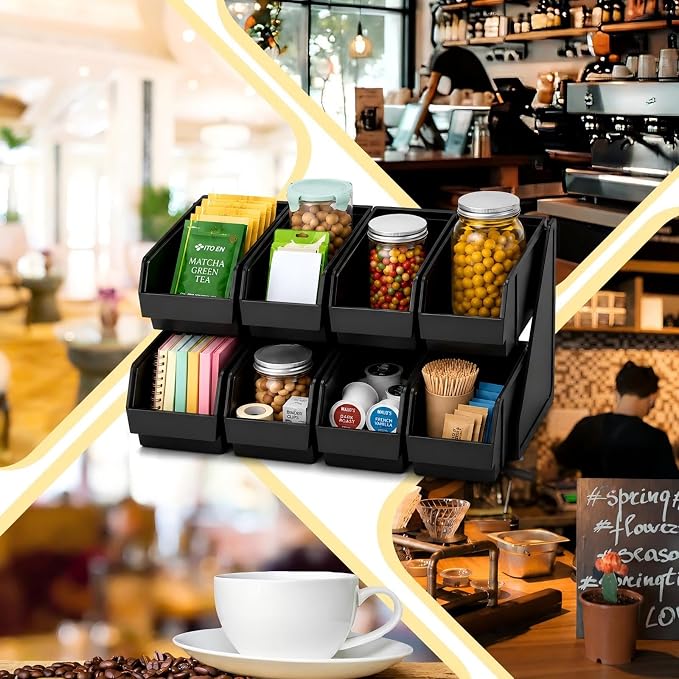 Novabright 8 Compartment Serve Condiment Bin Self Serve Condiment Packet Organizer Stand Countertop Plastic Containers Storage Display Rack for Coffee Shops Restaurants Bars(8 Bin 2 Tier) - Image 5