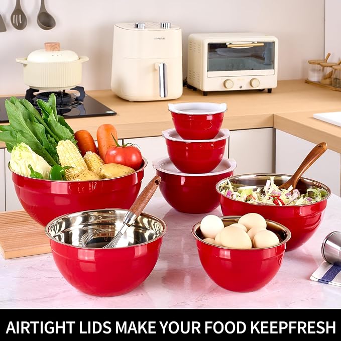 Red Mixing Bowls with Lids Set of 7, Stainless Steel Nesting Bowl with Khaki Lid for Non-slip Mixing Prepping Storing Serving, 7 Sizes-7/3.6/2.7/2.1/1.5/1/0.8 QT - Image 6