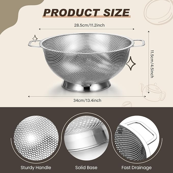 Norme 5 Quart Stainless Steel Silver Colander and 3 Pcs Silver Fine Mesh Strainer, Stainless Steel Pasta Rice Food Metal Strainer with Handles, Easy Clean and Dishwasher Safe - Image 2