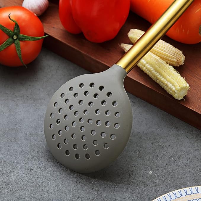 Gold Skimmer, Berglander Non-stick Silicone Strainer With Titanium Gold Plating handle, Kitchen Cooking Skimmers For Non-Stick Cookware, Dishwasher Safe, Easy to Clean - Image 4