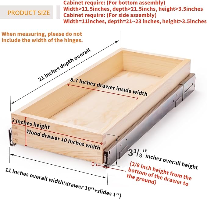 Pull Out Cabinet Organizer 11”W x 21”D x 3”H Slide Out Drawer | Soft Close Wood Kitchen Pullout Drawers for Cabinets Finished, Bottom and Side Assembly (Width of Wood Shelf is 10inch) - Image 2