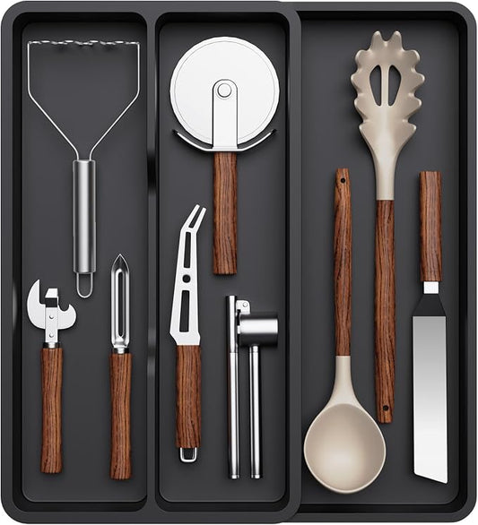 Lifewit Utensil Organizer for Kitchen Drawer, Expandable Cooking Silverware Tray, Adjustable Cutlery Flatware Holder, Plastic Spatula Tools Storage Divider, 14.4 x 15.8", Black by Lifewit