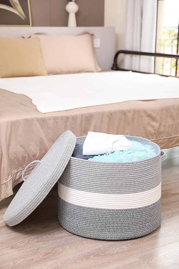 20x15 Inch Extra Large Round Cotton Rope Storage Basket with Lid, Decorative Woven Bin with Cover for Living Room Bedroom Closet, Dual Grey - Image 3