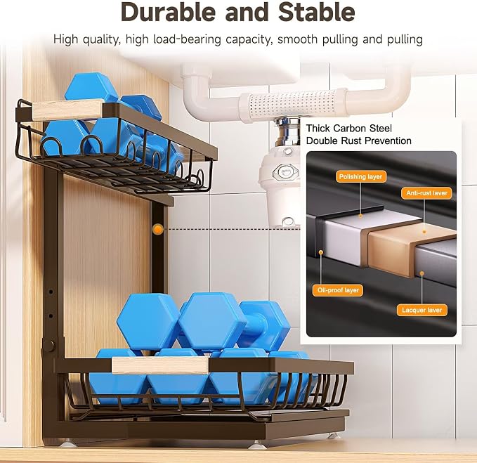 2-Pack 2-Tier Height Adjustable Under Sink Organizer & Storage | Multi-purpose storage for kitchen & bathroom cabinet. Extra Large brown shelf, height adjustable design for space-saving. - Image 5