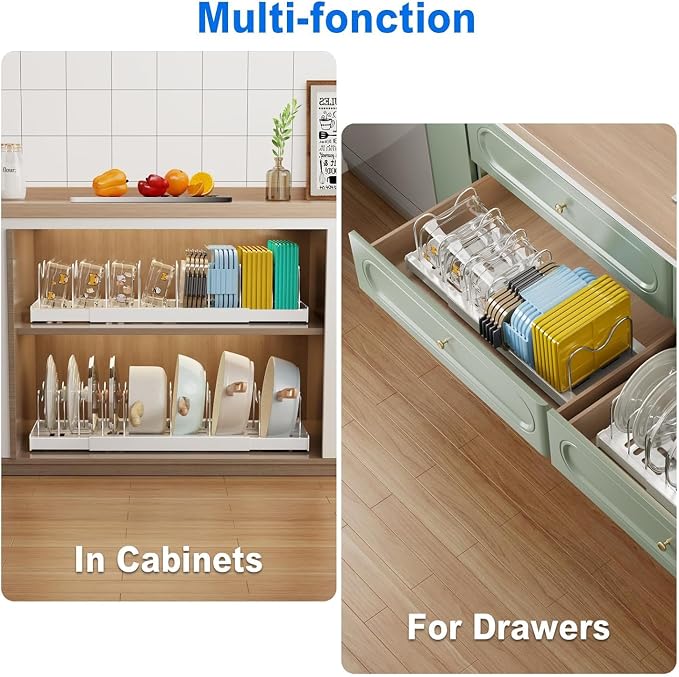 Mustorn Pots and Pans Organizer Under Cabinet, 22" Expandable Food Storage Container Lid Organizers with 9 Adjustable Dividers Pot and Pan Lid Holders Rack Inside Cabinet/Countertop(1 Pack, White) - Image 4