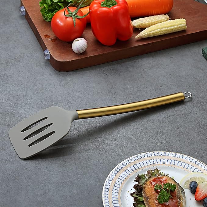 Berglander Non-stick Silicone Slotted Turner with Titanium Gold Plated Handle for Cooking, Dishwasher Safe, Easy to Clean - Image 4