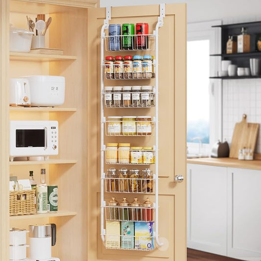 Delamu Narrow Over The Door Pantry Organizer, 8-Tier Metal Pantry Door Organization and Storage for Easy Install, Hanging Spice Rack Shelves, Door Organizer for Kitchen, 4.65"D x 13"W x 65"H, White by DELAMU