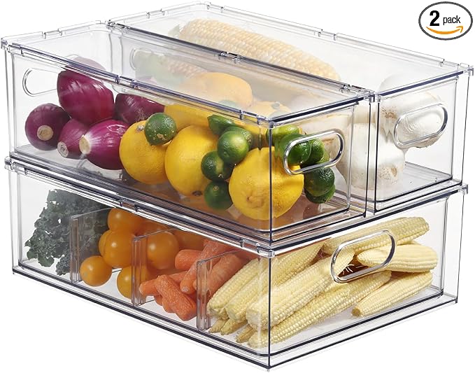 Fridge Organizers and Storage Pull Out Drawer, 2 Small + 1 Large | Dividers, Stackable, Clear, Fruit and Veggies Containers, for Kitchen, Cabinet by Bronkeeper