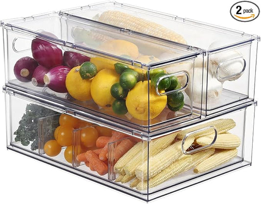Fridge Organizers and Storage Pull Out Drawer, 2 Small + 1 Large | Dividers, Stackable, Clear, Fruit and Veggies Containers, for Kitchen, Cabinet by Bronkeeper