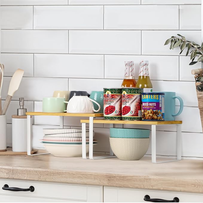 Shinoske Cabinet Shelves Organizer,Set of 2 Stackable Cabinet Counter Organizers Expandable Kitchen Countertop Shelf Spice Racks,Bamboo Top and Metal Frame,White and Natural - Image 2