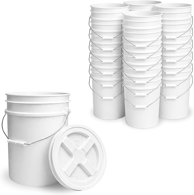 5 Gallon Bucket - Food Grade w/Lid BPA-Free, White/White, 24 | Airtight Gamma Seal Screw-On Lid, Heavy-Duty 90 Mil HDPE Plastic, Food Safe and Durable Container, Bulk Storage, Made in USA by ePackageSupply