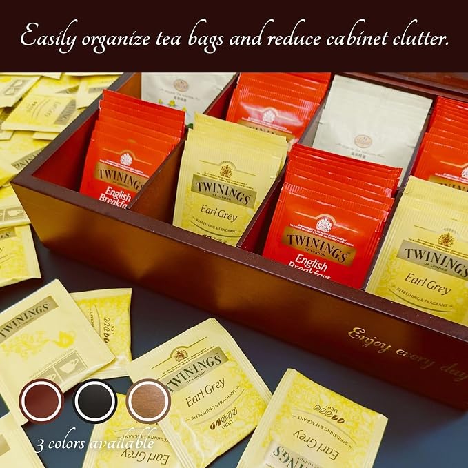 BJOYFUL&LOVED Wooden Tea Box with Glass Lid, 8-Compartment, Black Color | Removable Dividers Customize Storage for Tea Bags, Sugar Packets, Coffee Capsules, Jewelry, Watches and Small Accessories - Image 5