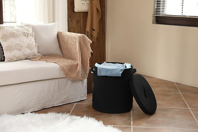 16x18 Inch Extra Large Round Cotton Rope Storage Basket with Lid, Decorative Woven Bin with Cover for Living Room Bedroom Closet, Black - Image 3