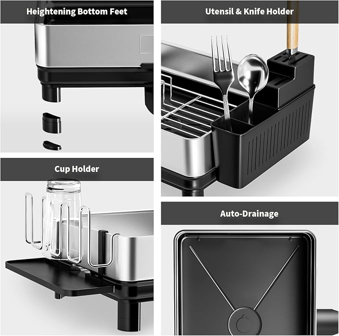 Dish Drying Rack, 304 Stainless Steel Dish Racks for Kitchen Counter | Dish Drainers with Automatic Drainage, Utensil Holder & Cups Holder, Space Saving Kitchen Organizer, Black - Image 7