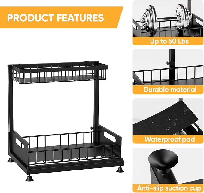 2-Pack L-Shaped Under Sink Organizer, 2-Tier Pull-out Cabinet Rack | Black Height-Adjustable Steel Rack, Sliding Grid Drawers with PP Liners, Holds 100 Lbs, Suction Base, Ideal Kitchen Storage - Image 7