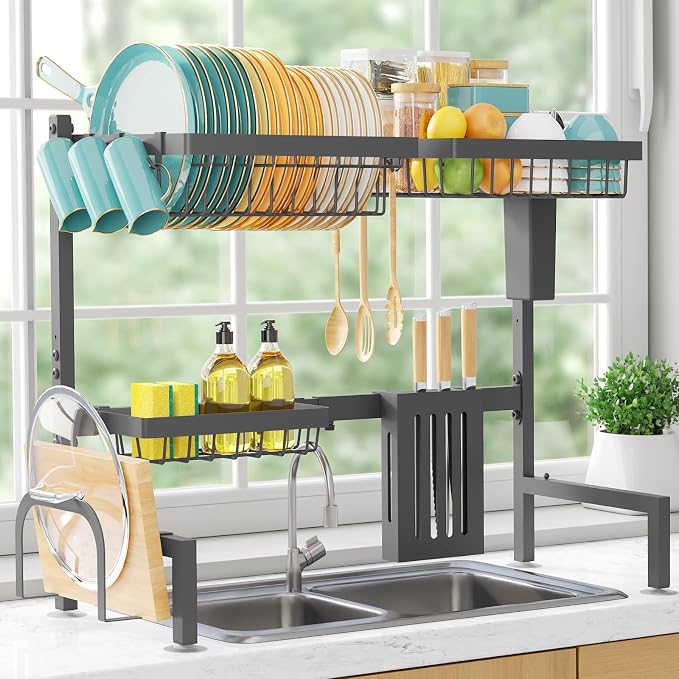 Sakugi Over The Sink Dish Drying Rack - Adjustable 2 Tier Large Capacity Stainless Steel Drainer with Cutlery & Utensil Holders, Kitchen Storage & Organization, 30"-33.9" L x 11" W x 21.5" H, Gray by Sakugi