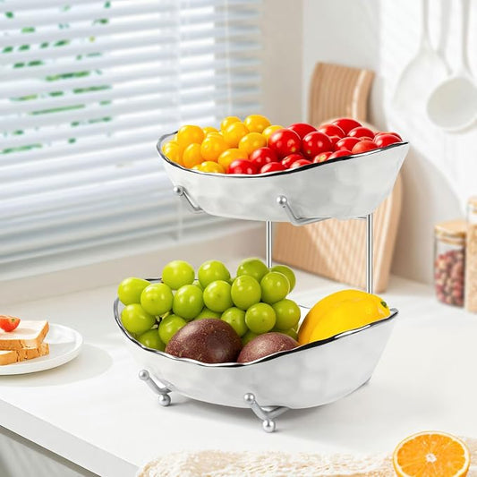 Fruit Bowl for Kitchen Counter - Two Tier Ceramic Fruit Basket, Fruit Holder for Fresh Fruit&Veggies, Modern Tiered Fruit Platter Serving Trays for Party by Unknown