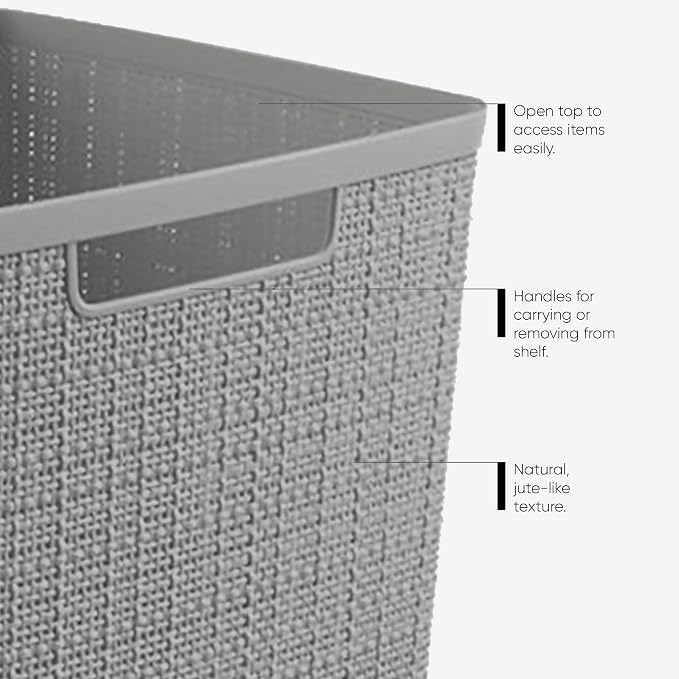 Curver Set of 6 Medium 12L Jute Decorative Plastic Organization and Storage Baskets - Perfect Bins for Home Office, Closet Shelves, Kitchen Pantry and All Bedroom Essentials, Grey - Image 4