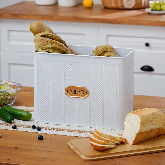 Extra Large Diagonal Stripe Embossed Bread Box with Bamboo Lid | Corner Breadbox for Homemade Bread, White Metal Bread Storage Container Bin for Kitchen Countertop, Fits 2 Loaves of Bread - Image 4