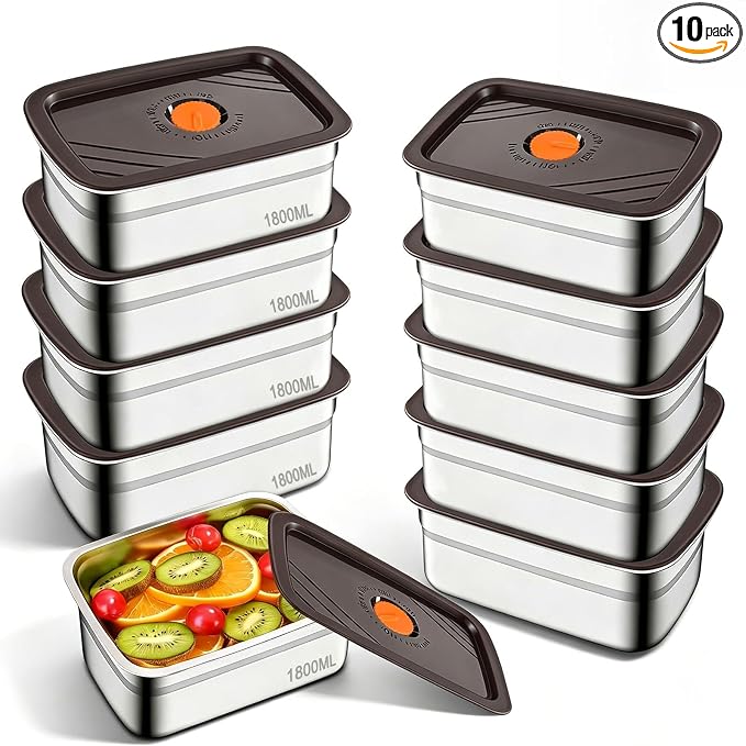 10 Pack 63oz Stainless Steel Food Storage Containers with Lids | Reusable Leak Proof Meal Prep Box BPA-Free Stackable Metal Lunch Box for Home Camping & Outdoor Use by Unknown