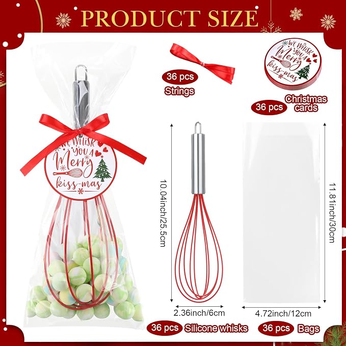 FoldTier 36 Sets 10 Inch Christmas Whisks Gifts DIY Fillable Christmas Tree Ornaments Xmas Colored Silicone Whisks for Cooking Heat Resistant Egg Beaters with Card Rope Bag for Candy Holder - Image 2