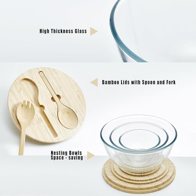 Glass Mixing Bowls with Bamboo Lids, 3 Packs Glass Bowls with Lids Set(4.7QT, 2.1QT, 0.8QT), Large Capacity Salad Bowls, Nesting Containers Microwave Safe Baking Bowls for Kitchen - Image 4