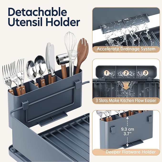 KINGRACK Dish Drying Rack for Kitchen Counter, Dish Drainer with Cup Holder | 16.9"L x 12.4" W Dish Rack with Spacious Drying Capacity, Quick Auto Dish Drainer for Plate Dish Dinnerware, Blue - Image 7