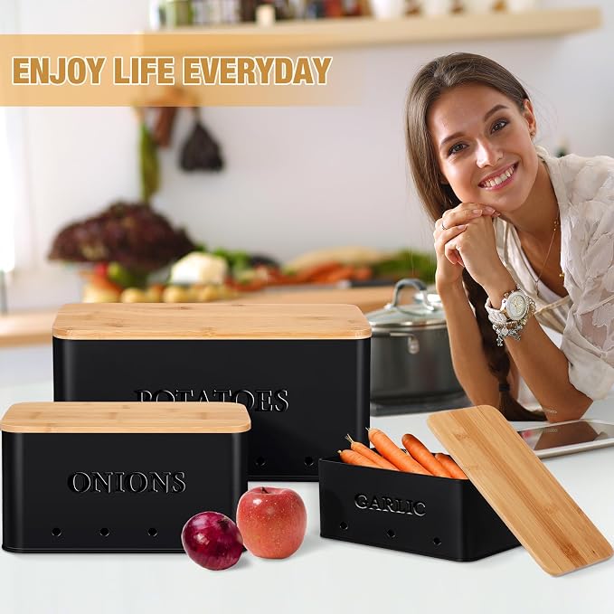 Honeydak 3 PCS Black Potato Onion Garlic Storage Bins Set, Metal Vegetable Keeper Containers with Lids Aerating Holes for Kitchen Counter Pantry Keep Fresh Longer Farmhouse for Sweet-potato Fruit - Image 6