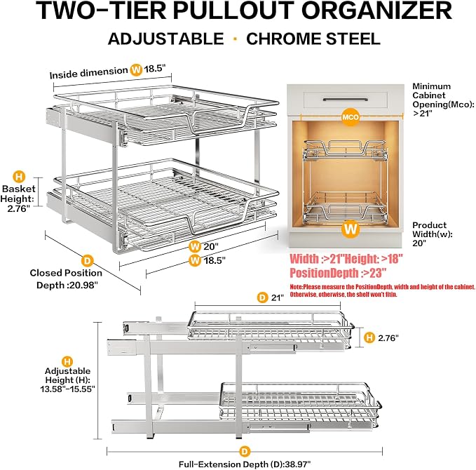 2-Tier Kitchen Cabinet Pull Out Shelf and Drawer Organizer Slide Out Pantry Storaqe Basket in Multiple Sizes (20" Wx 21" D,) - Image 2