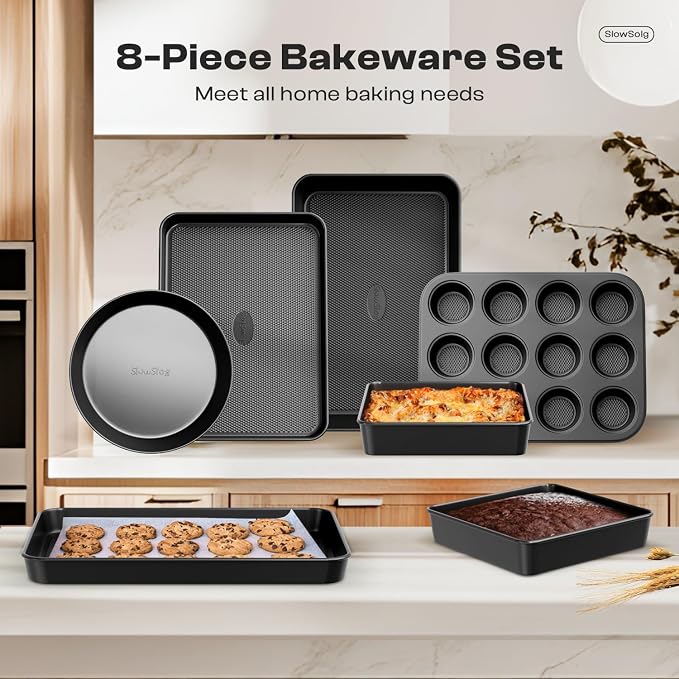 12-Piece Nonstick Bakeware Set, Stackable Non Toxic Baking Pans Set - Black | Oven Safe Bakeware Set with Rack & Kitchen Utensils, Cookie Sheets Set, Cake Pan, Muffin Pan, Loaf Pan, Roasting Pan - Image 4