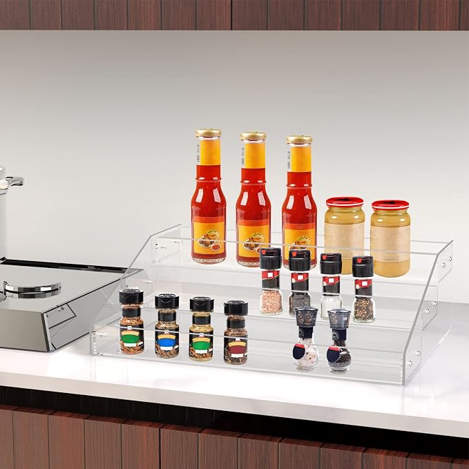 PMMASTO Widen Tiered Spice Rack, Seasoning Organizer, Clear Acrylic Vertical Shelves Can Organizer for Countertop, Cabinet, Pantry, Kitchen Organization and Storage - 3 Tier - Image 3