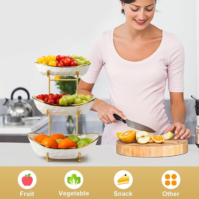 Fruit Bowl with Gold Metal Stand, 3 Tier Modern Ceramic Fruit Bowl Fruit Rack for Kitchen Counter, Tiered Fruit Basket for Snacks Bread Candy Storage (White,3 Tier) - Image 6