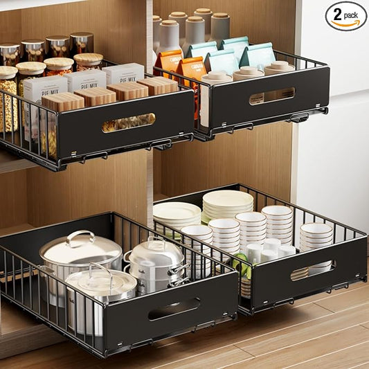 Mustorn 2 Pack Pull Out Cabinet Organizer, Slide Out Drawers for Cabinets, Peel and Stick, Heavy Duty Shelves for Kitchen, Cupboard, Pantry, Bathroom (16.5"D*11.8"W*3.94"H-Black) by MUSTORN
