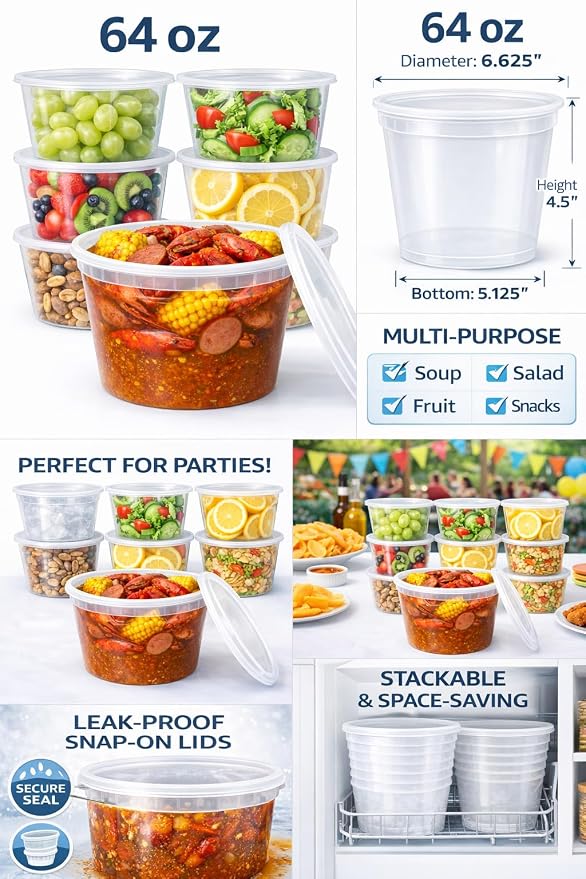 64 oz [6-Pack] BPA Free Microwavable Plastic Deli Containers with Lids | Leak-resistant, stackable and freezer-safe design keeps soups, leftovers and large portions fresh - Image 5