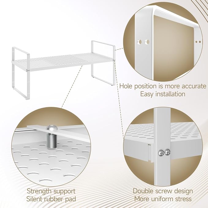 16.5~27.1" Expandable Shelf with Hole，1Pack 10.2" Wide Stackable Cabinet Shelves，White - Image 4