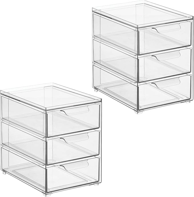 mDesign Plastic Stackable Organizer with 3 Drawers - Pull-Out Drawer Storage Bin for Bathroom Sink/Cabinet Organization - Perfect for Makeup, Small Towels, and More - Lumiere Collection, 2 Pack, Clear - Image 9