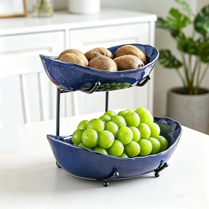 2-Tier Fruit Bowls for Kitchen Counter,Dark Blue Ceramic Bowl with Black Metal Stand,2 Tier Fruit Basket for Fruit,Snack,Cake,Nuts,Dessert Storage by Afeyibu