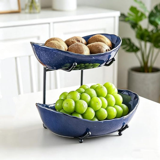 2-Tier Fruit Bowls for Kitchen Counter,Dark Blue Ceramic Bowl with Black Metal Stand,2 Tier Fruit Basket for Fruit,Snack,Cake,Nuts,Dessert Storage by Afeyibu