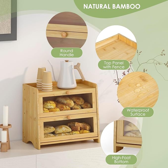 Double Layer Bread Box Container for Kitchen Countertop Homemade Bread | Large Breadbox Storage Wooden Farmhouse Bread Holder (Bamboo, Large-16.54" L x 9.84" W x 14.96" H) - Image 3