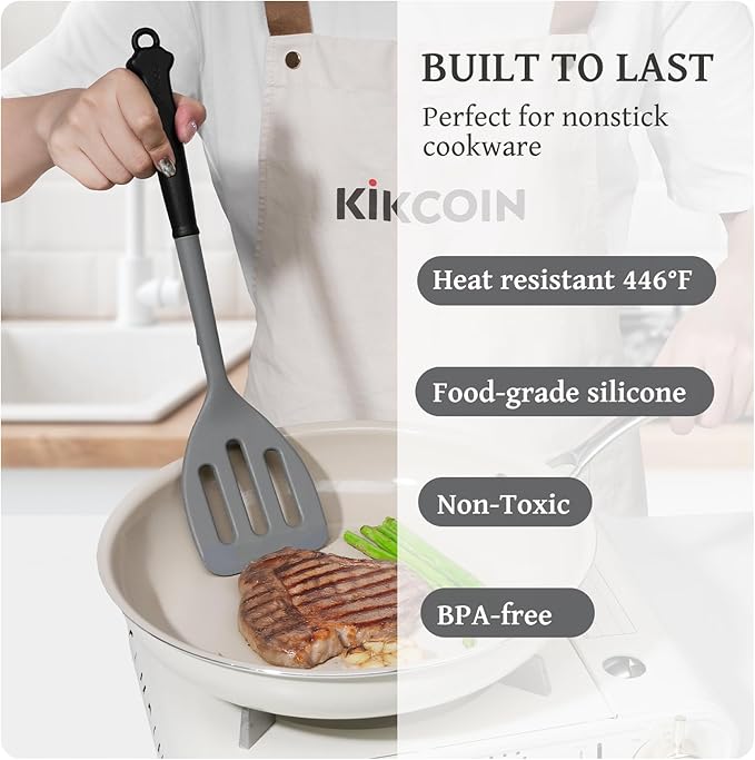 Kikcoin 43 PCS Silicone Kitchen Utensils Set, Dishwasher Safe Kitchen Cooking Utensils Set, 446°F Spatulas Silicone Heat Resistant, Non Toxic Silicone Utensils Set With Two-Tone Grip Handles, Gray - Image 5