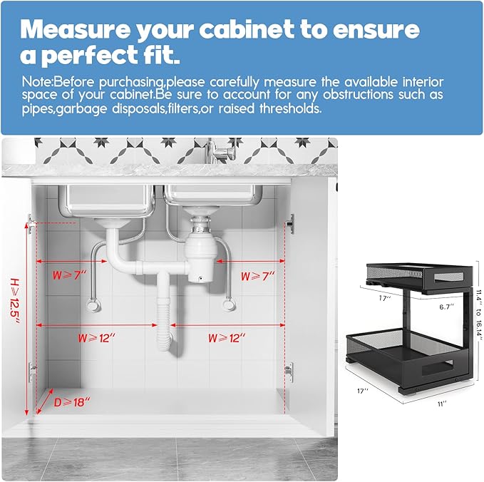 1 Pack 17IN Depth Under Sink Storage Organizer, Large 2-Tier Elegant Mesh Pull Out Shelf for Kitchen and Bathroom Cabinet Organization, L-Shaped and Adjustable Height Design-Black - Image 2