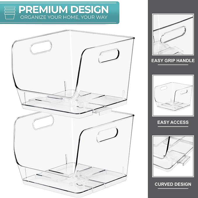Sorbus Stackable Storage Bins Open Front, Clear Stackable Storage Bins, Pantry Bins for Storage and Organization, Acrylic Stackable Bins for Kitchen, Clear Pantry Organizer Bins (Medium Square 2 Pack) - Image 3